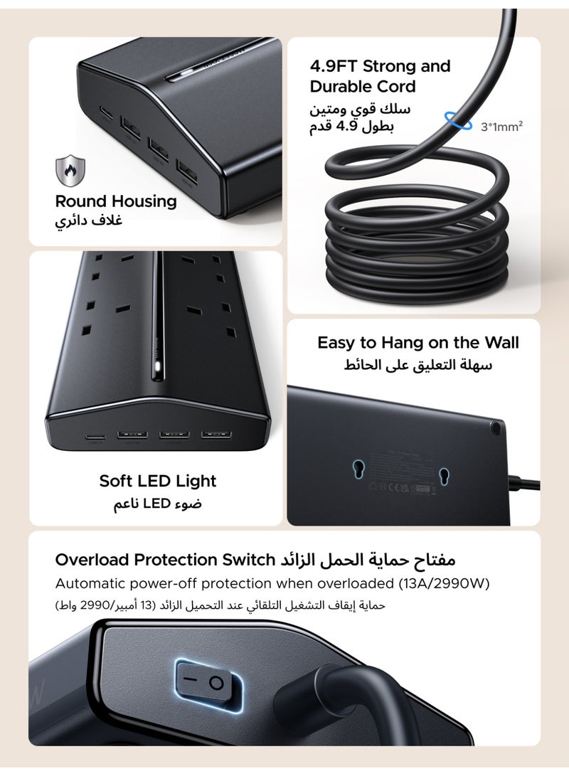 يو جرين موزع طاقة 15° 10 في 1، كابل بطول 1.5 متر، 6 منافذ تيار متردد و4 منافذ USB (3A1C)، شريط طاقة عالي التحمل بقدرة 3250 واط/13 أمبير، مزود بمنفذ USB-C PD بقدرة 20 واط و3 منافذ USB-A، شحن سريع متعدد البروتوكولات (PD3.0/QC3.0/FCP/AFC)، حماية من الحمل الزائد وقصر الدائرة، موزع طاقة منزلي ومكتبي - Image 4